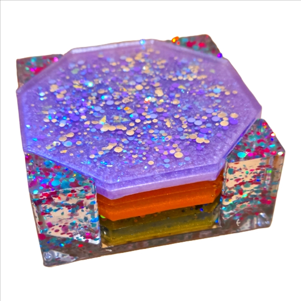 Set of 3D Multicolred Coasters With Holder